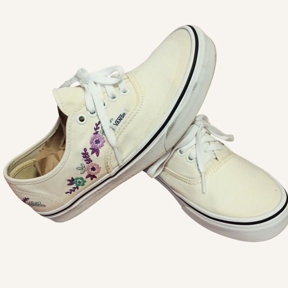 Vans Shoes - Vans Cream Canvas Low-Top Sneakers with Purple & Green Floral Embroidery